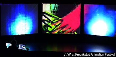 max hattler and noriko okaku performing /\/\/\ at fredrikstad animation festival, norway, 2009