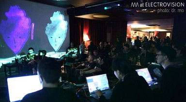 max hattler and noriko okaku performing /\/\/\ with rich keyworth at electrovision, london, january 2010