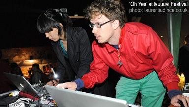 max hattler and noriko okaku performing a/v set 'oh yes' at muuuvi festival, romania, 2009